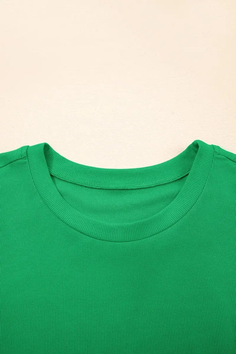 Bright Green Ribbed Pearl Beaded Puff Sleeve Top for Women - Love Salve